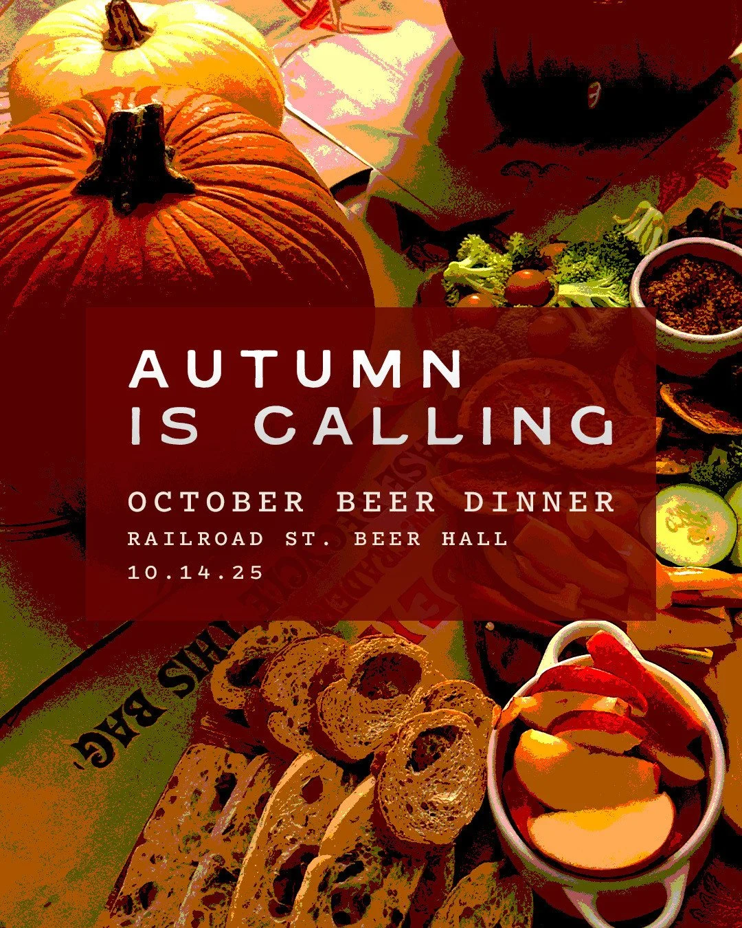 Autumn is calling. 📞 Are you picking up? Join us at the Railroad St. Beer Hall for fall-inspired courses paired with some of our best brews. The menu highlights autumn greens, warm baked flavors, rich braised comfort, and a sweet apple-spice finish 