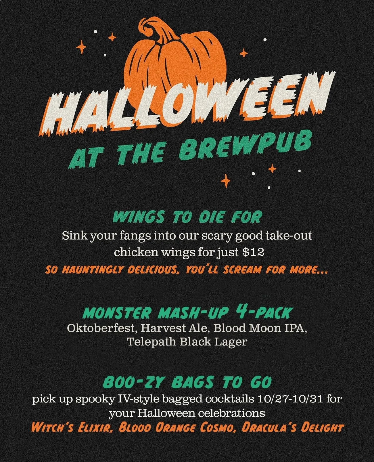 Things are getting spooky at the Brewpub next week. 🎃 Get the full deets at the link in our bio.⁠
⁠
OCTOBER 27&ndash;31: Boo-zy Bags To Go⁠
&rarr; Cocktails packed in a spooky IV-style blood bag.⁠
⁠
HALLOWEEN NIGHT ONLY: Wings + Mack-Up 4-Packs⁠
&ra