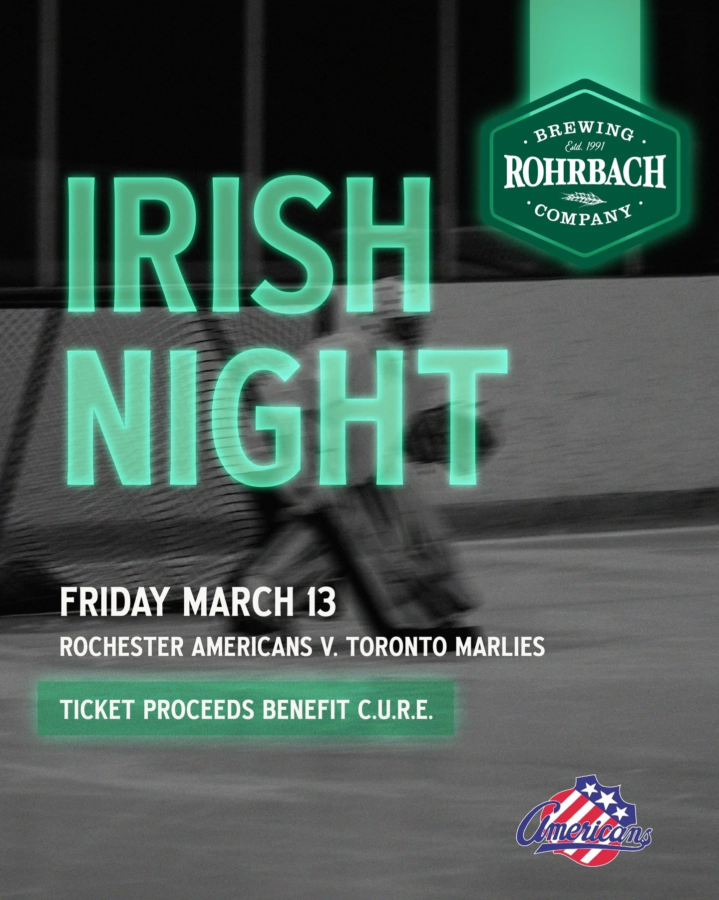 Rohrbach is going Irish with @amerkshockey this month for a really great cause ☘️ 🏒 

Ticket proceeds go towards @curekidscancer_ when using this link: amerks.com/cure 

See you at the rink 💚