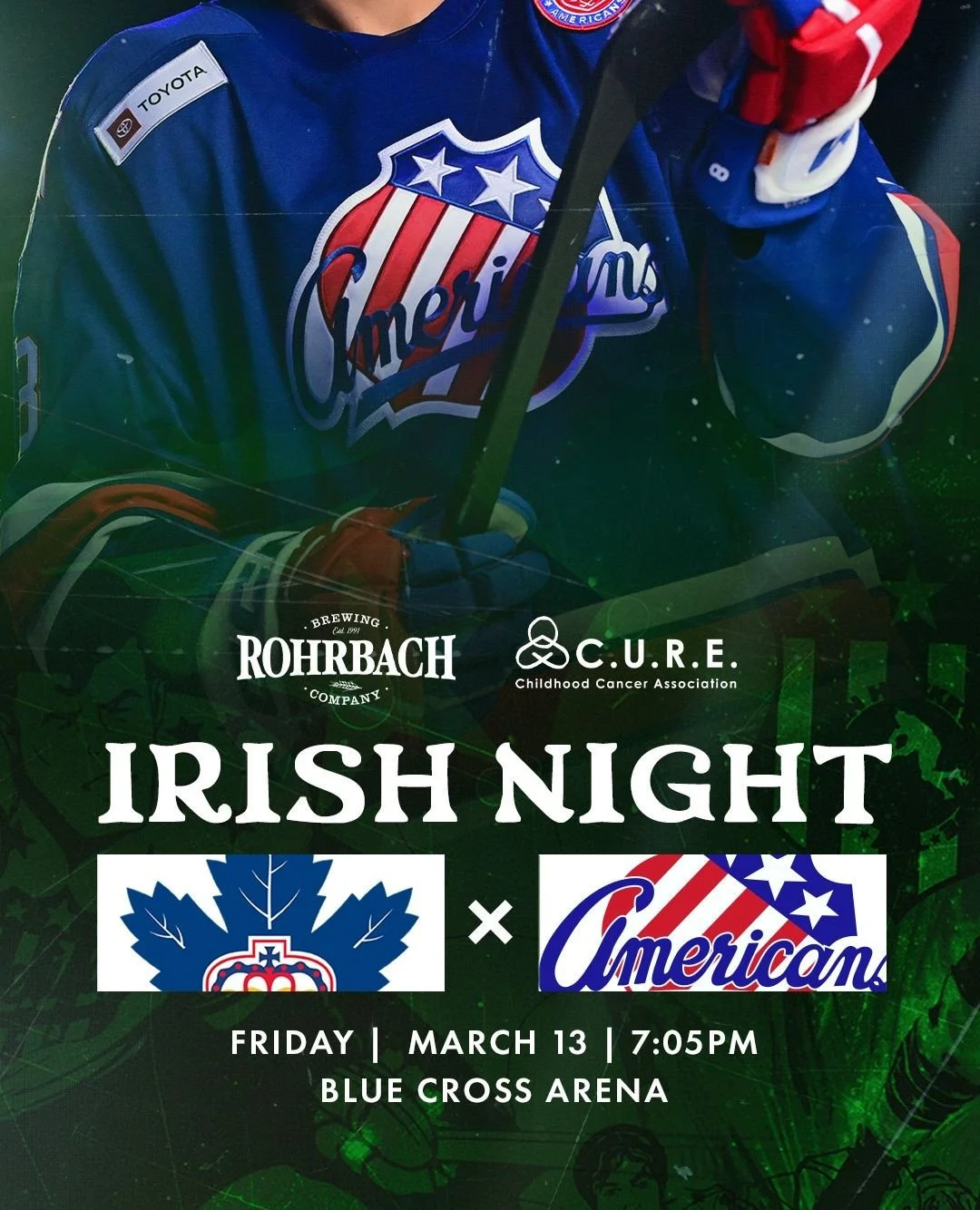 Tomorrow night [3/13], we're going Irish for a great cause. Ticket proceeds go towards @curekidscancer_ when using this link: www.amerks.com/cure⁠
⁠
See you at the rink 💚☘️