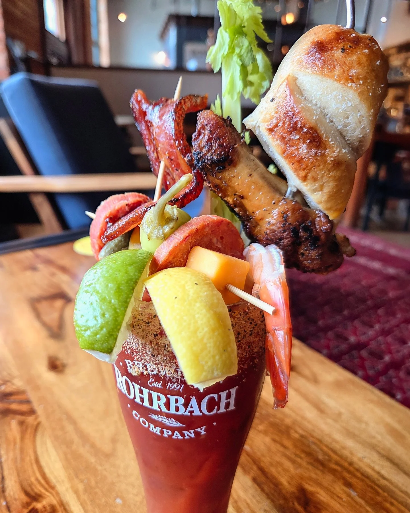Saturday morning at the Public Market just got a little juicier 🍅🍋🥓

RBC Loaded Bloody: pepper supreme dusted rim, Mrs. T&rsquo;s bloody, southern tier vodka, pickled charcuterie skewer, celery, candied bacon, wood-fired pretzel, smoked wing, shri