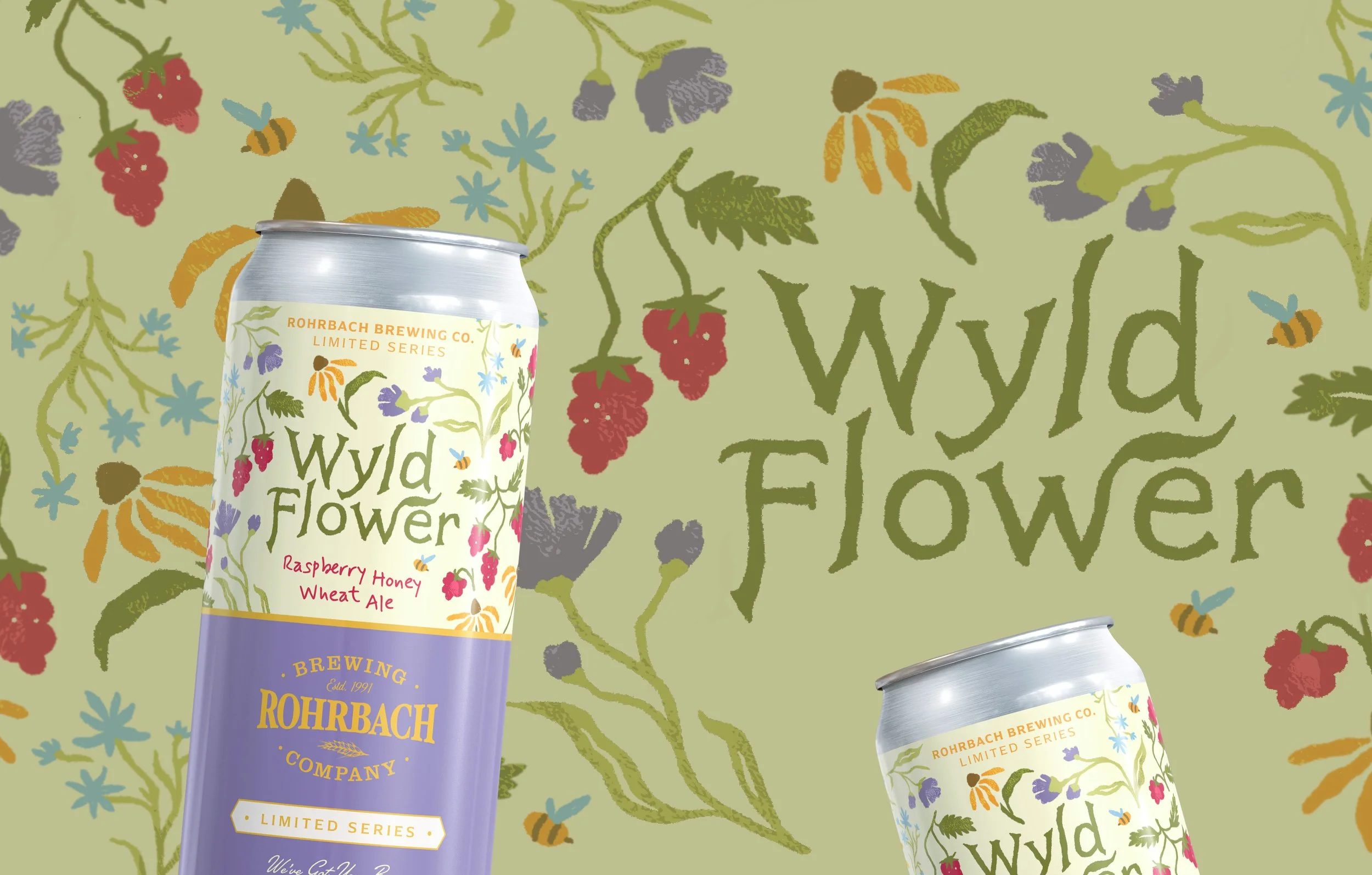 Wild Flower Raspberry Honey Wheat Ale can design on a soft green floral background with illustrated wildflowers, raspberries, and bees, featuring two aluminum Rohrbach beer cans.