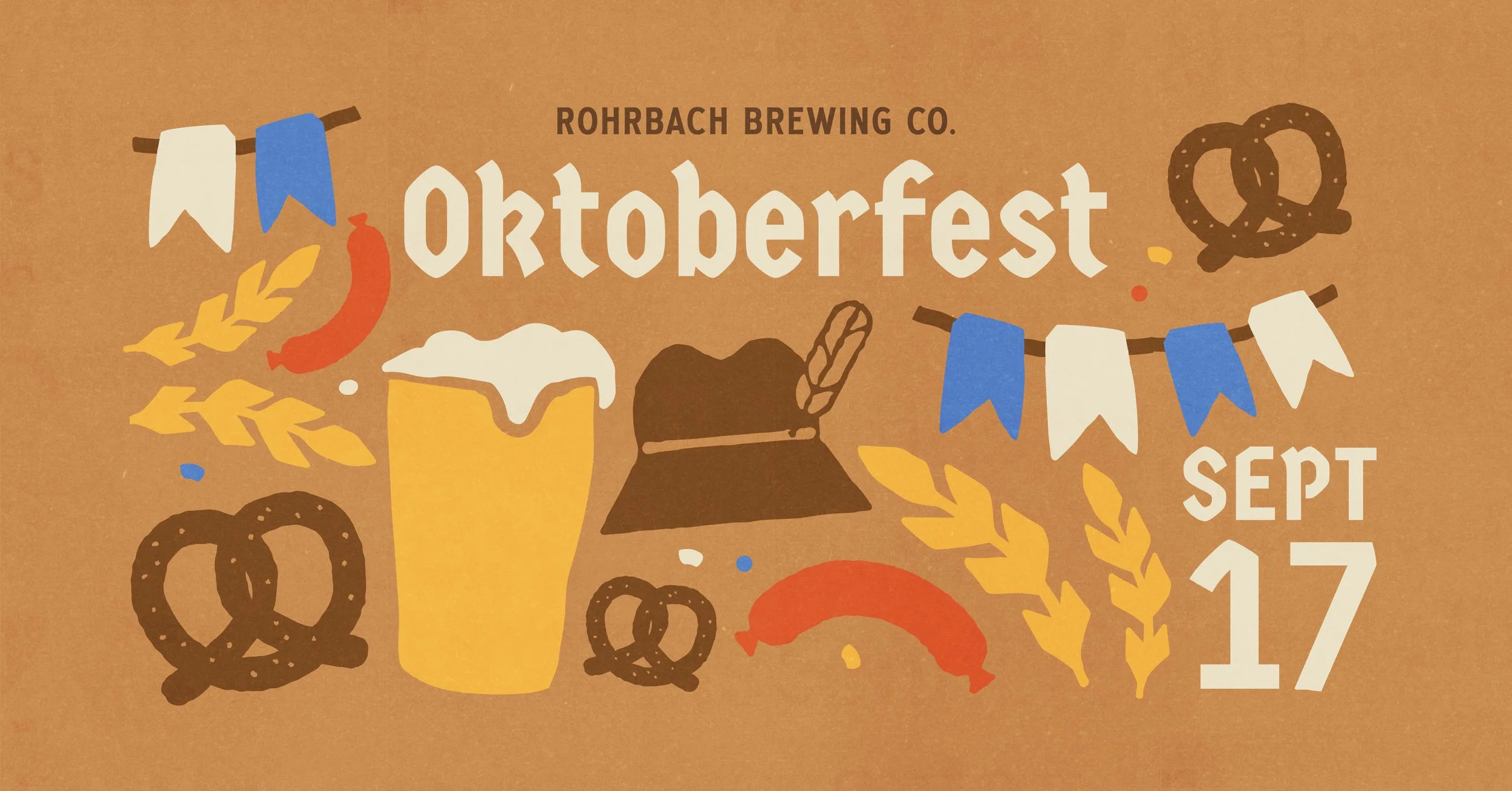 Oktoberfest graphic with illustrated pretzels, beer, and brats announcing Rohrbach Brewing Co. Oktoberfest Fest on September 17..