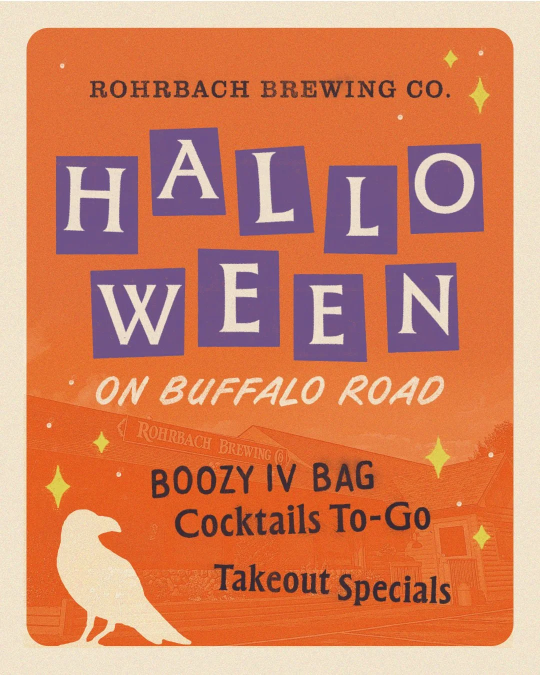 Orange and purple Rohrbach Halloween graphic promoting Boozy IV Bag cocktails and takeout specials on Buffalo Road.