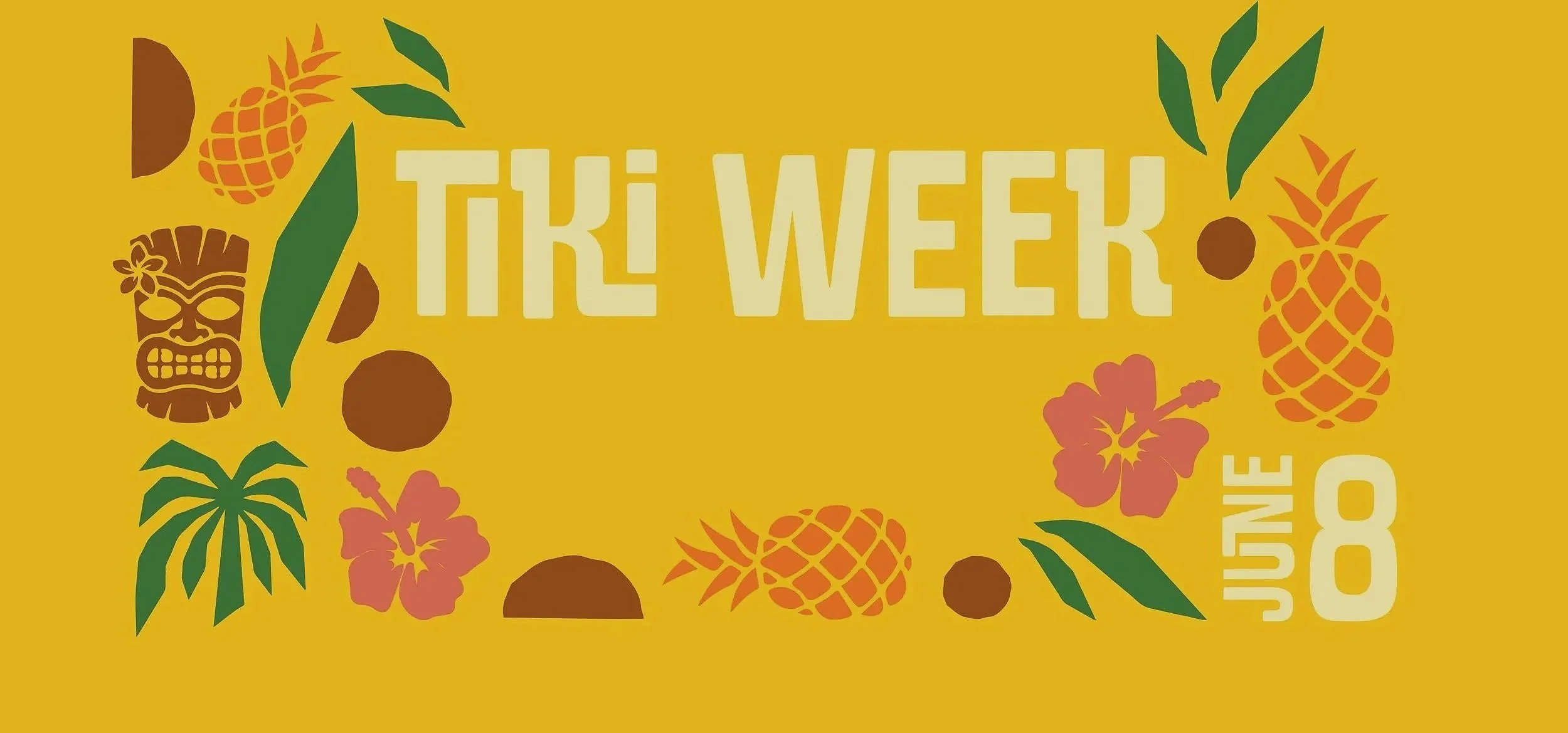 Rohrbach Tiki Week graphic with tropical icons on a bright yellow background and June 8 event text.