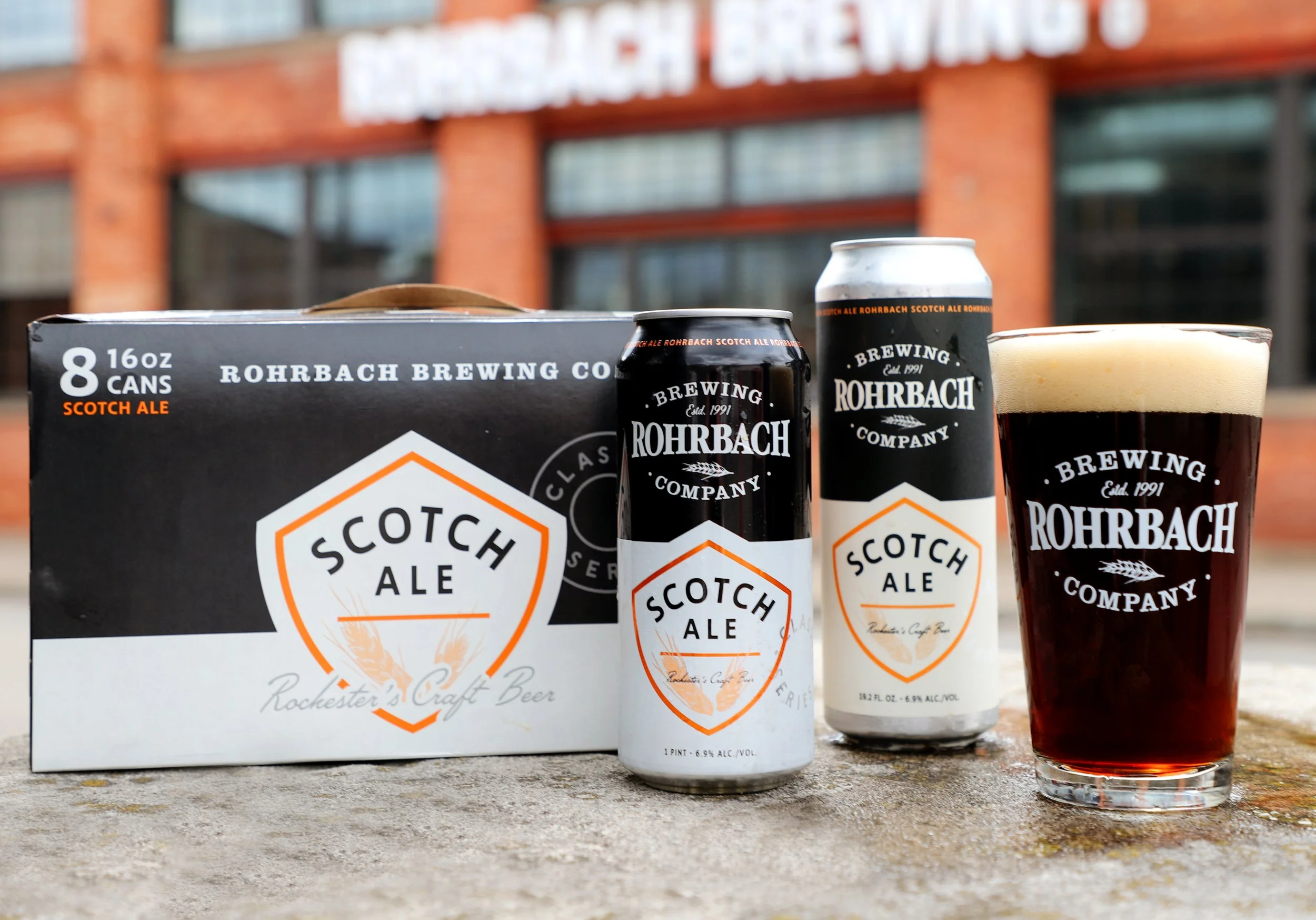 Rohrbach Scotch Ale packaging options: can, value pack, pint, tall boy