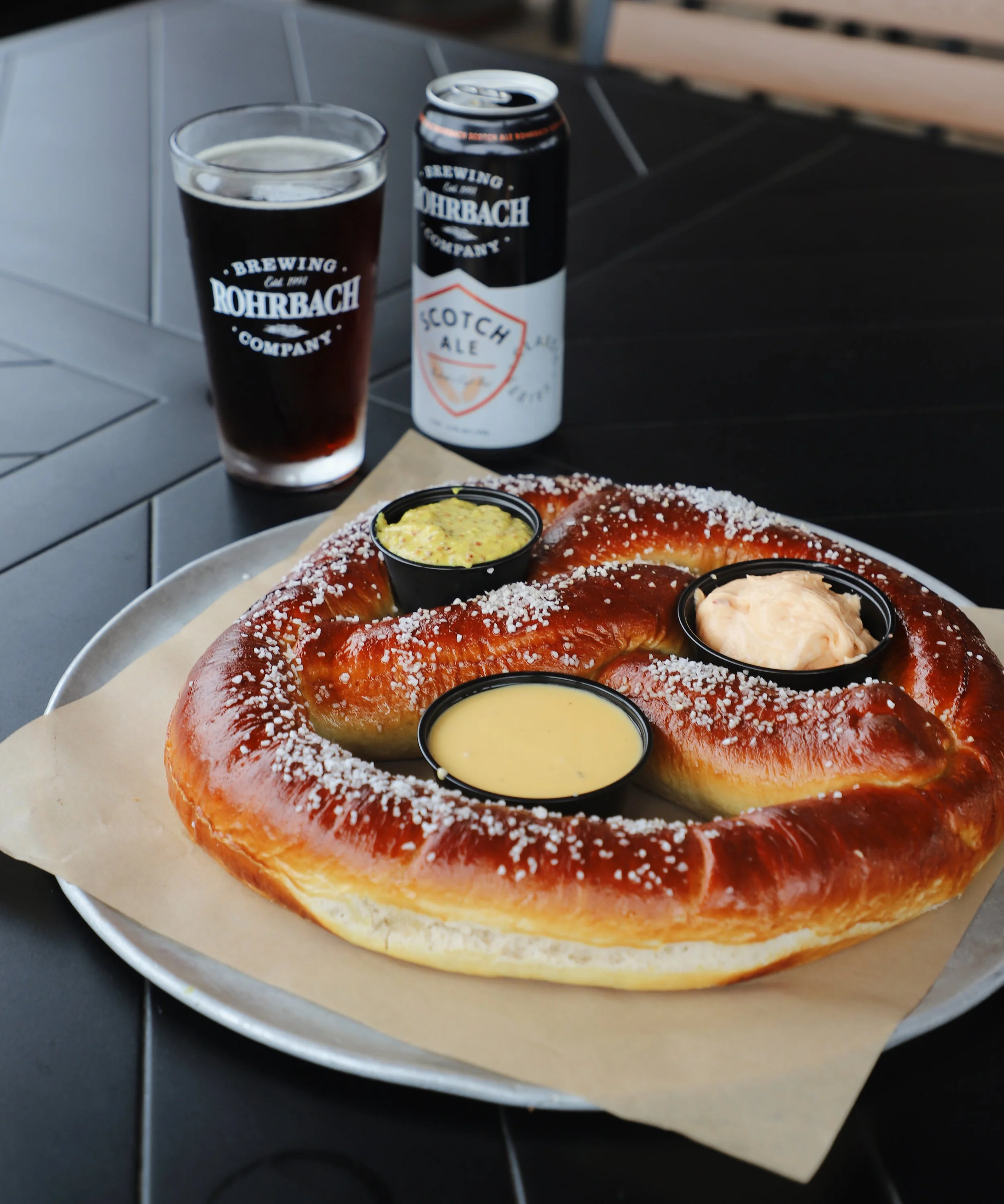 giant german pretzel and dipping sauces from Rohrbach Buffalo Rd. brewpub