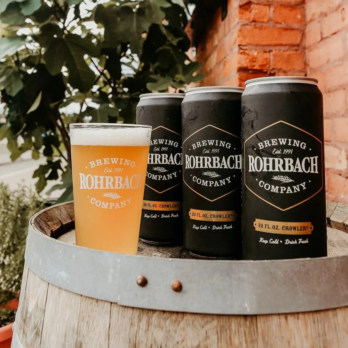 A glass of light-colored beer with a foamy head next to three black cans of Rohrbach Brewing Company beer on a wooden barrel, with trees and a brick wall in the background.