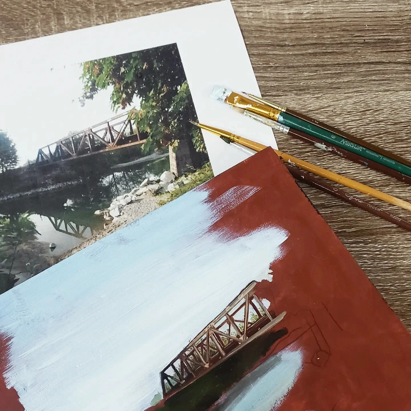 Painting in progress. 🖼 Working on art to sell to distract myself from life for a little while. 
Titanium white is too translucent for me today. 😤 At least this one doesn't have paw prints walking through it...
...
...yet. 🐾
.
.
.
#wip #workinprog