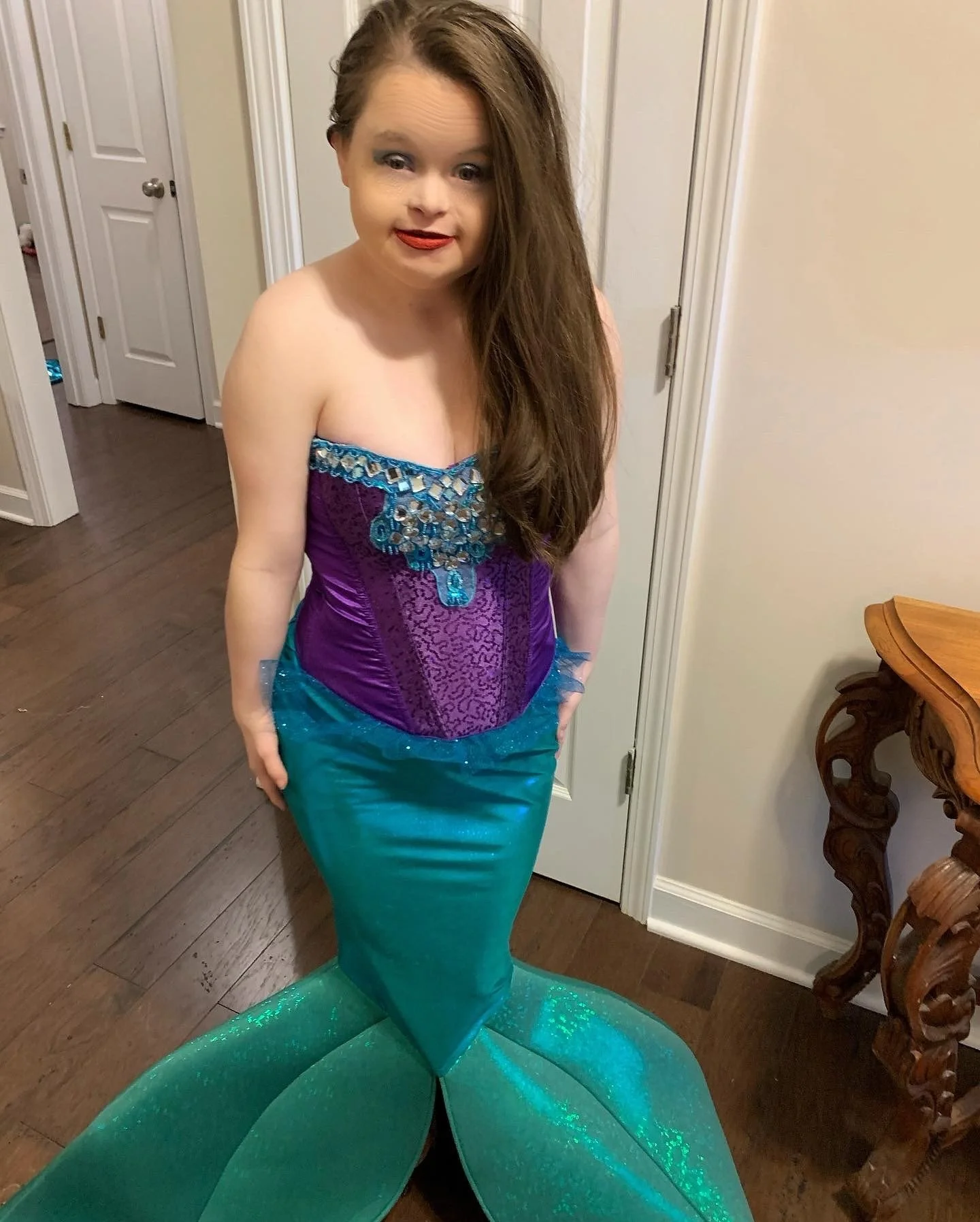 Mermaid Princess Grace 🧜‍♀️🩵 
Grace loves Halloween:) Stay tuned for more of her Halloween costumes over the years and this year’s big reveal coming 😍 
#halloweencostume #downsyndrome #mermaid #candidlykind