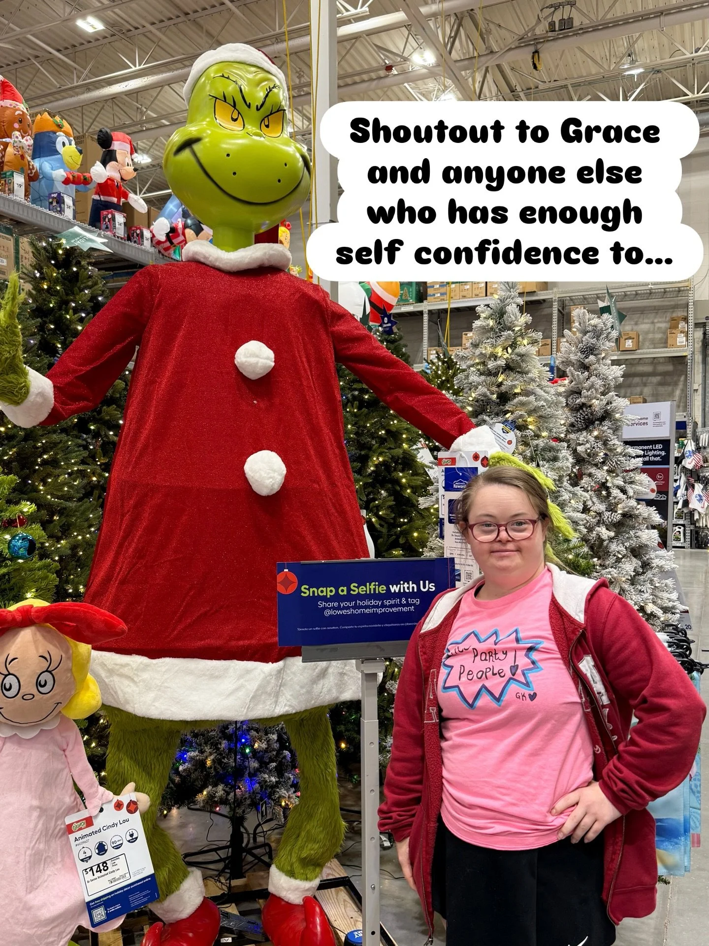 Shoutout to Grace and anyone else who has enough self confidence to go to Lowe&rsquo;s in your Alabama Roll Tide Slippers and walk around like you own the place. 😍 Love the big Grinch and Abominable Snowman. Cutest holiday decor. Grace has more self