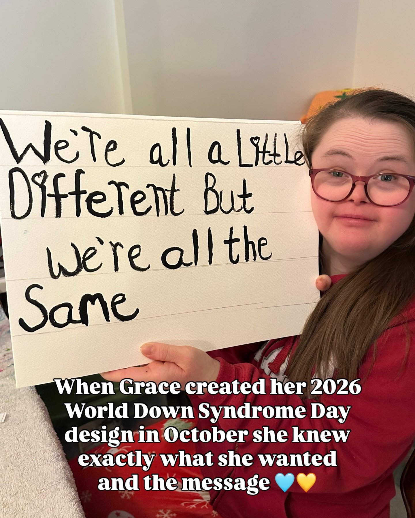 When Grace created her World Down syndrome Day shirt design in October she knew exactly what she wanted to do and the epic message. Her design has a hidden nod to DS we didn&rsquo;t realize until she was done with the painting. These little things ha