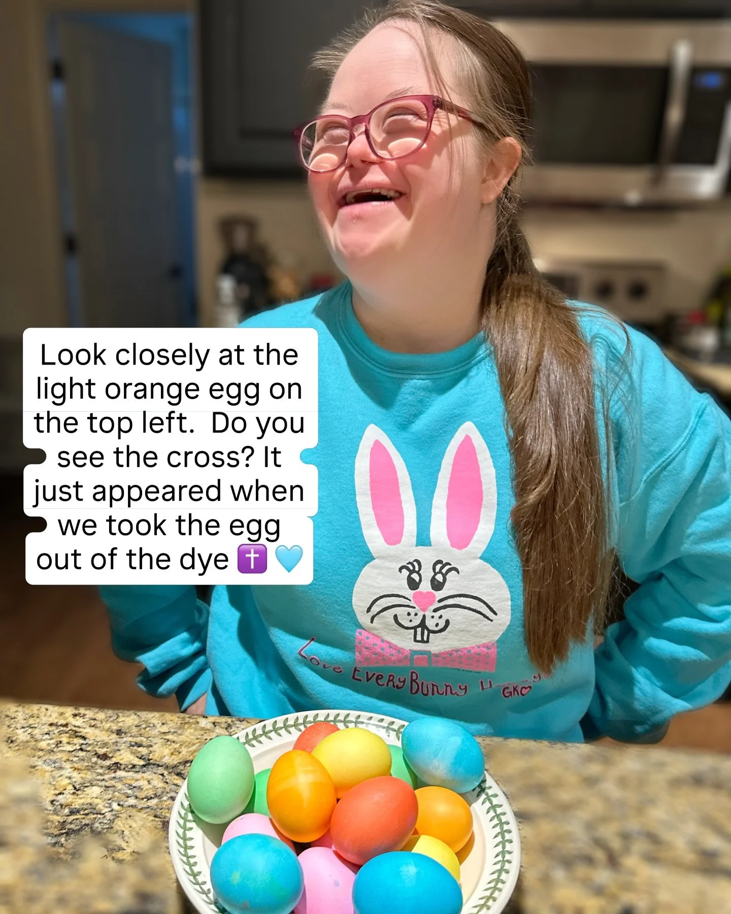 Look closely at the light orange egg on the top left. Do you see the cross? It appeared when we took the egg out of the dye and if you were on our FB Live last night you saw it live. What a beautiful God blessing. We hope you had a wonderful Easter ?