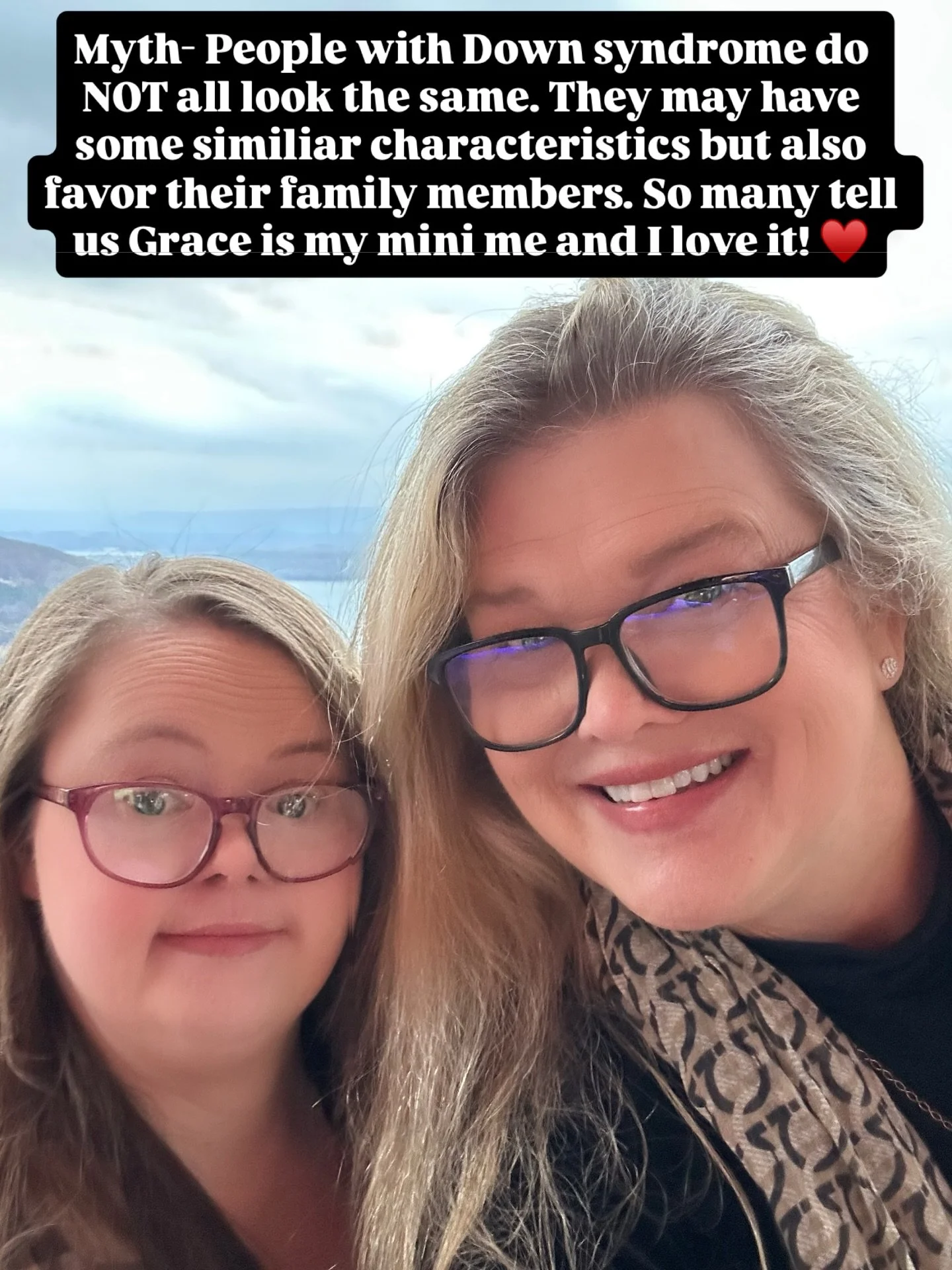 Myth- People with Down syndrome do NOT all look the same. They may have some similiar characteristics but also favor their family members. So many tell us Grace is my mini me and I love it! &hearts;️ #downsyndromeawareness #motherdaughterduo