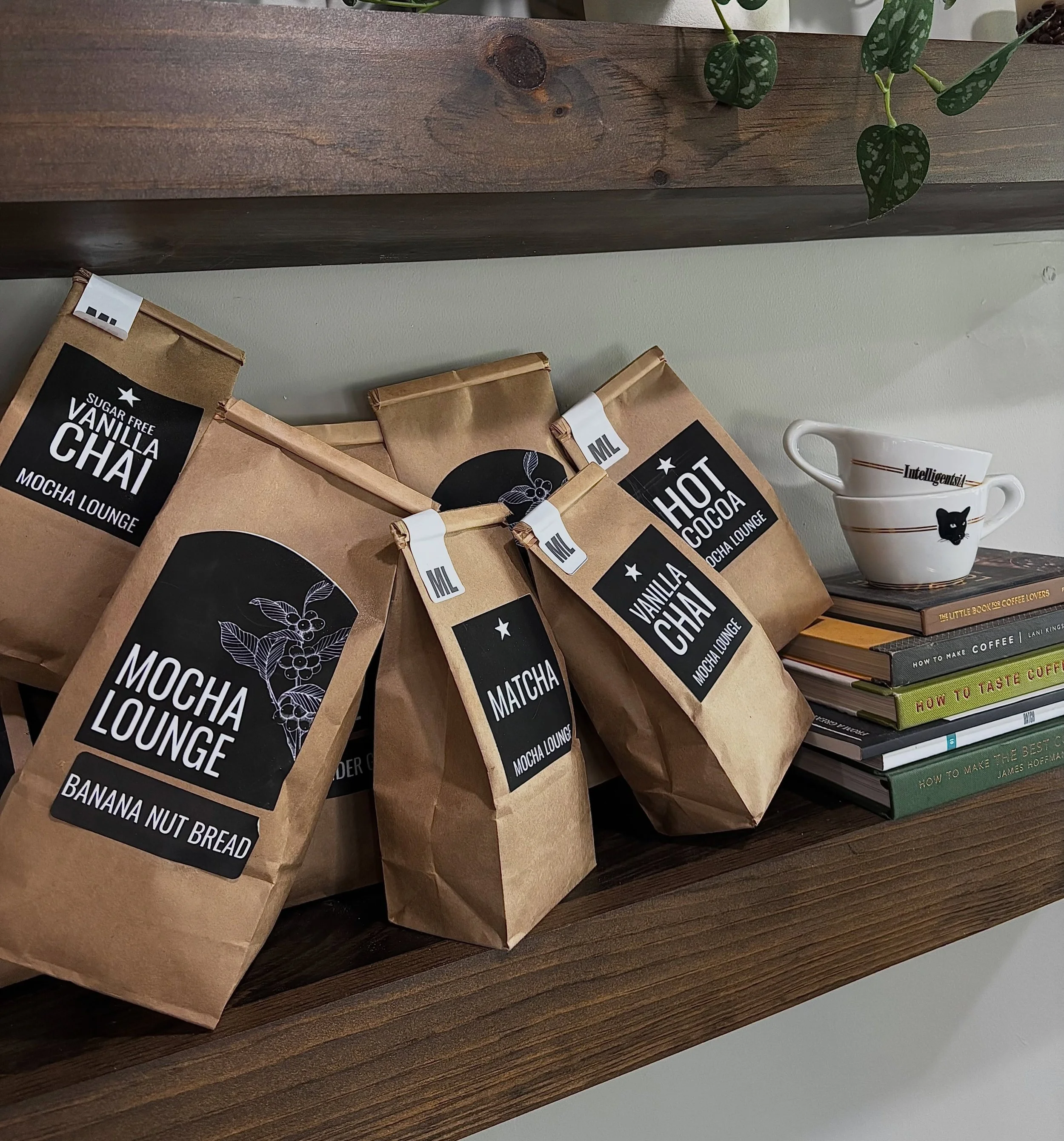your at-home coffee setup just got better, we sell our coffee, chais &amp; mocha powders in bulk! and they come in the cutest bags!