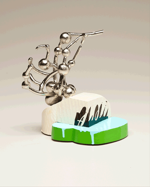Palooka Drops,  nickle plated bronze and polychromed wood, 6"x5"x6"