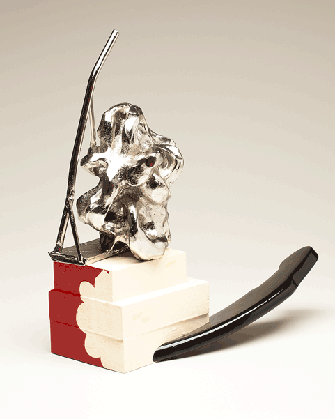 Glass Jaw Scholar , nickle plated aluminum and polychromed wood, 13"x12"x9"