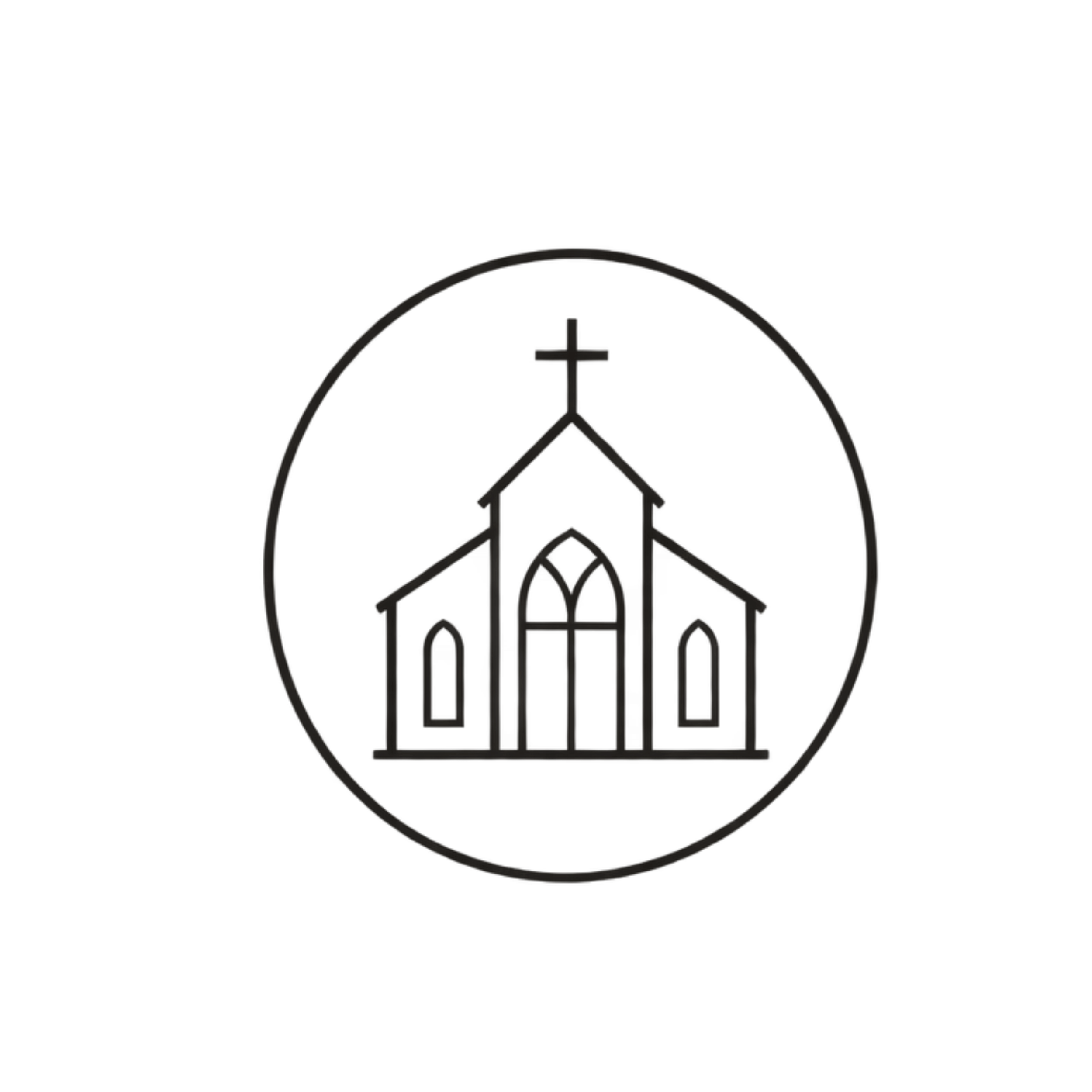 Line drawing of a house within a circle, with a cross at the top, resembling a religious or spiritual symbol.