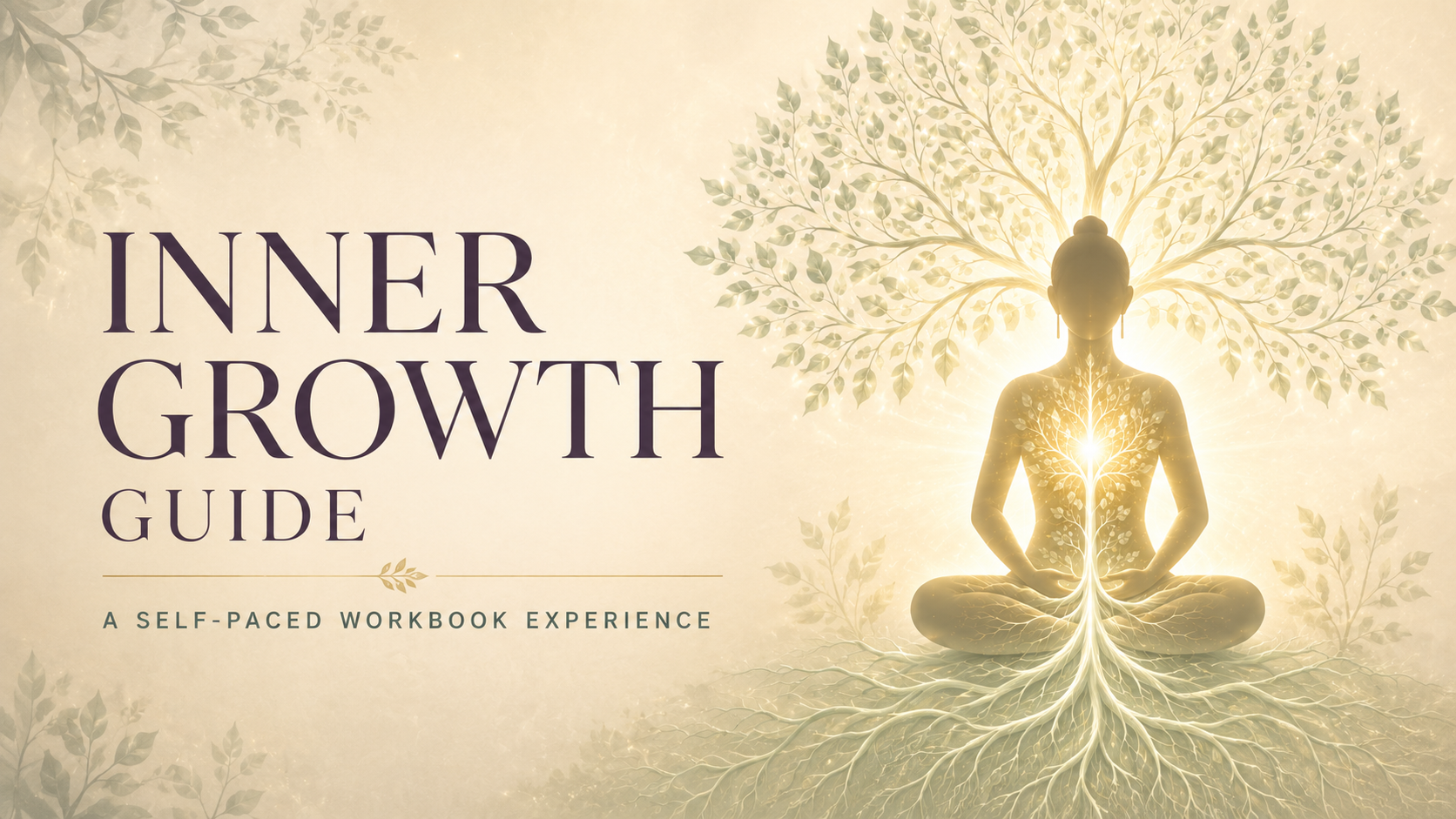 Book cover titled 'Inner Growth Guide' with a meditative woman sitting cross-legged, her body blending with a glowing tree and roots, symbolizing inner growth and enlightenment.