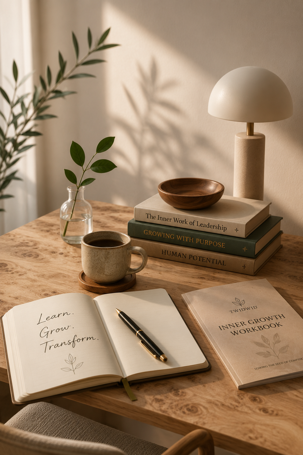 A warm learning workspace featuring the TWIDWID Inner Growth Workbook, a reflection journal, books, and natural light, representing intentional learning, reflection, and lifelong personal and professional growth.