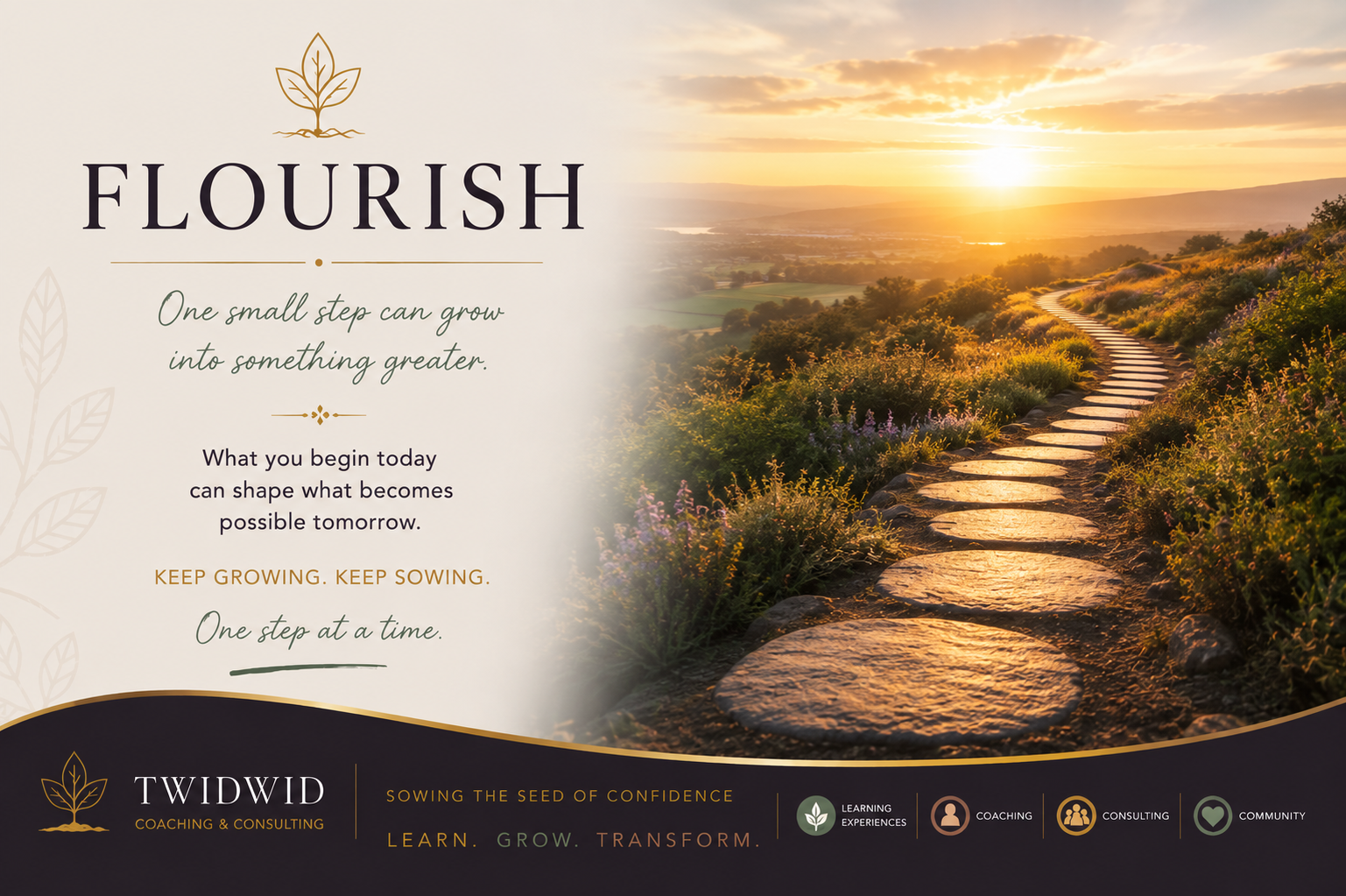 Sunlit stone path winding through a flourishing landscape toward the horizon, representing how one small step can open the way to continued growth and possibility.