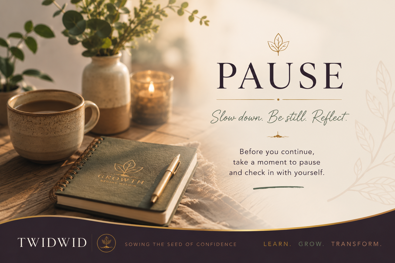 Open journal beside a warm cup of tea, symbolizing intentional reflection, presence, and personal growth.