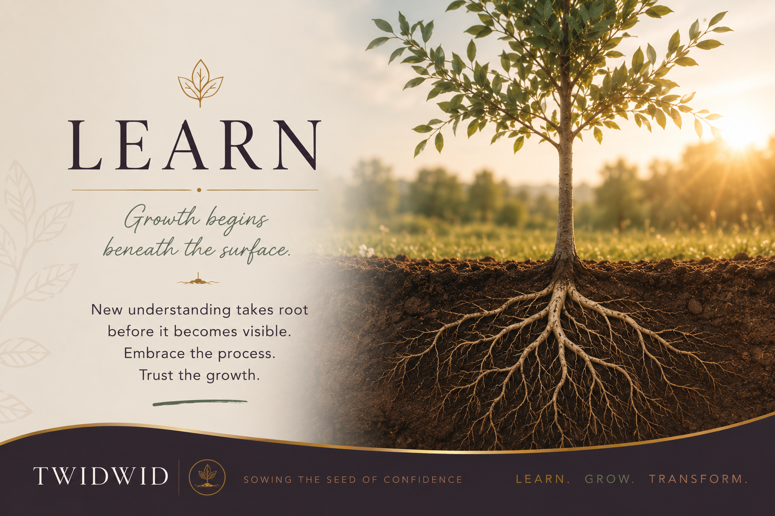 Young tree with strong visible roots, symbolizing deep personal growth, a strong foundation, and lasting transformation.