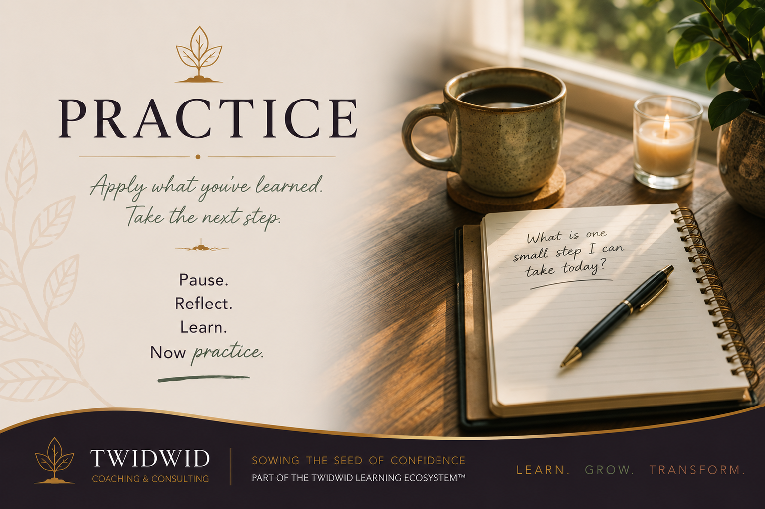 Warm reflective scene of a person writing in a journal, representing the practice of choosing and taking one small intentional step.