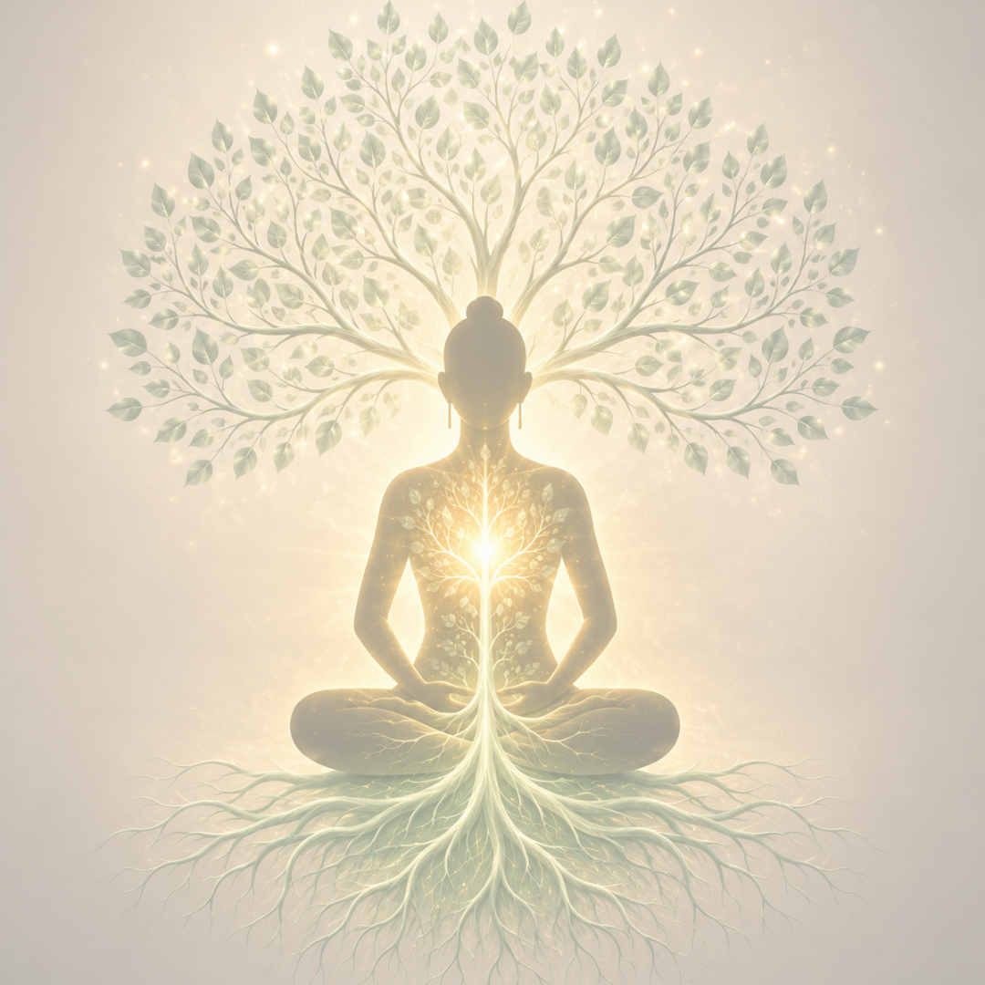 Silhouette of a person meditating with a radiant light at the chest, surrounded by glowing tree roots and branches, symbolizing growth and inner peace.