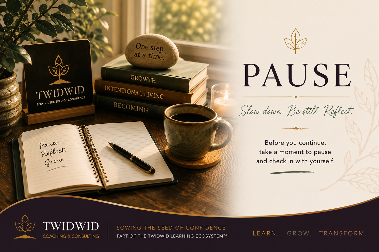 Warm reflective scene with a journal, cup, and soft natural light inviting the learner to pause, slow down, and consider their next small step.