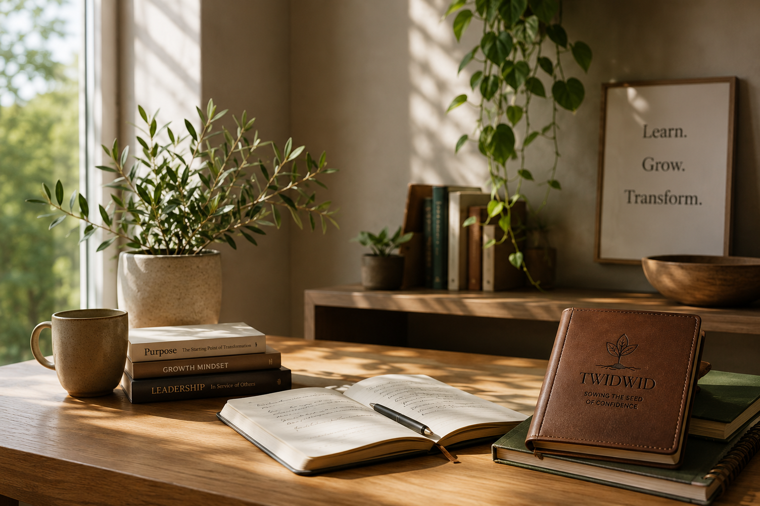 Warm, inviting learning space representing the TWIDWID lifelong learning ecosystem, featuring journals, books, plants, and the Learn. Grow. Transform. framework.