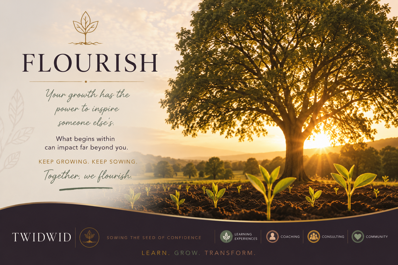 A flourishing tree surrounded by new seedlings, symbolizing lifelong growth, leadership, and planting seeds of transformation in others.