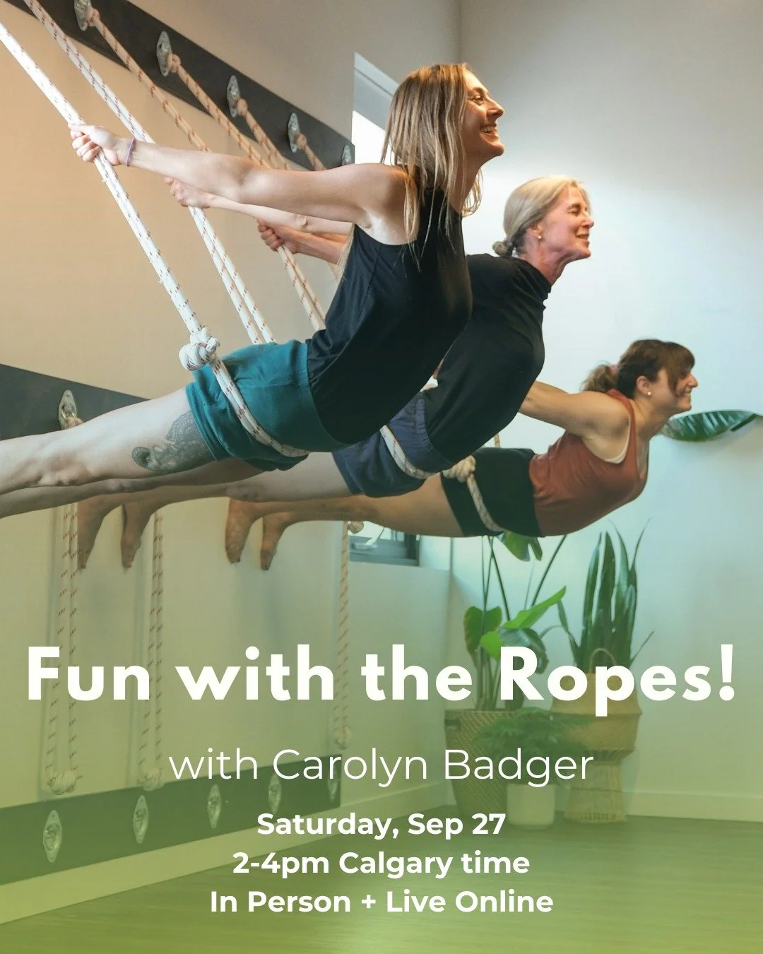 Fun with the Ropes! With Carolyn Badger✨

Many poses can be accessed in new and interesting ways using the ropes. Learn to customize different rope set-ups correctly to fit you, so you can safely and confidently use the studioMany poses can be access