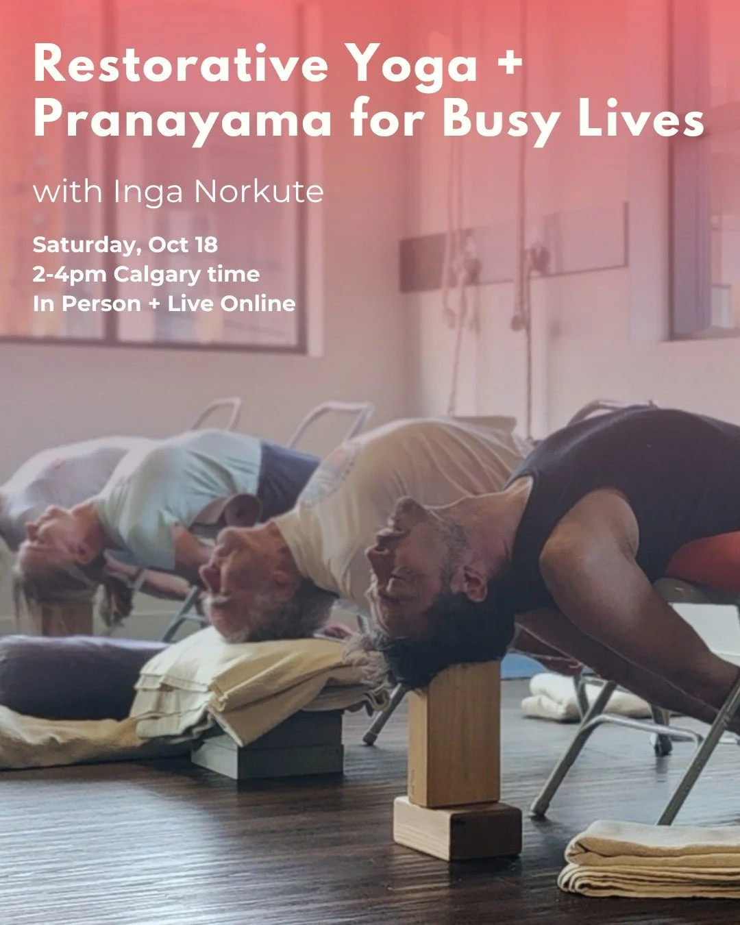 🌱 Restorative Yoga + Pranayama for Busy Lives: A Workshop with Inga Norkute 🌿
This workshop is designed to help you reconnect with yourself, even when time is scarce 🧑&zwj;💻

📅 Saturday, October 11 
🕐 2:00-4:00pm MST (Calgary time)
🧘 In Person