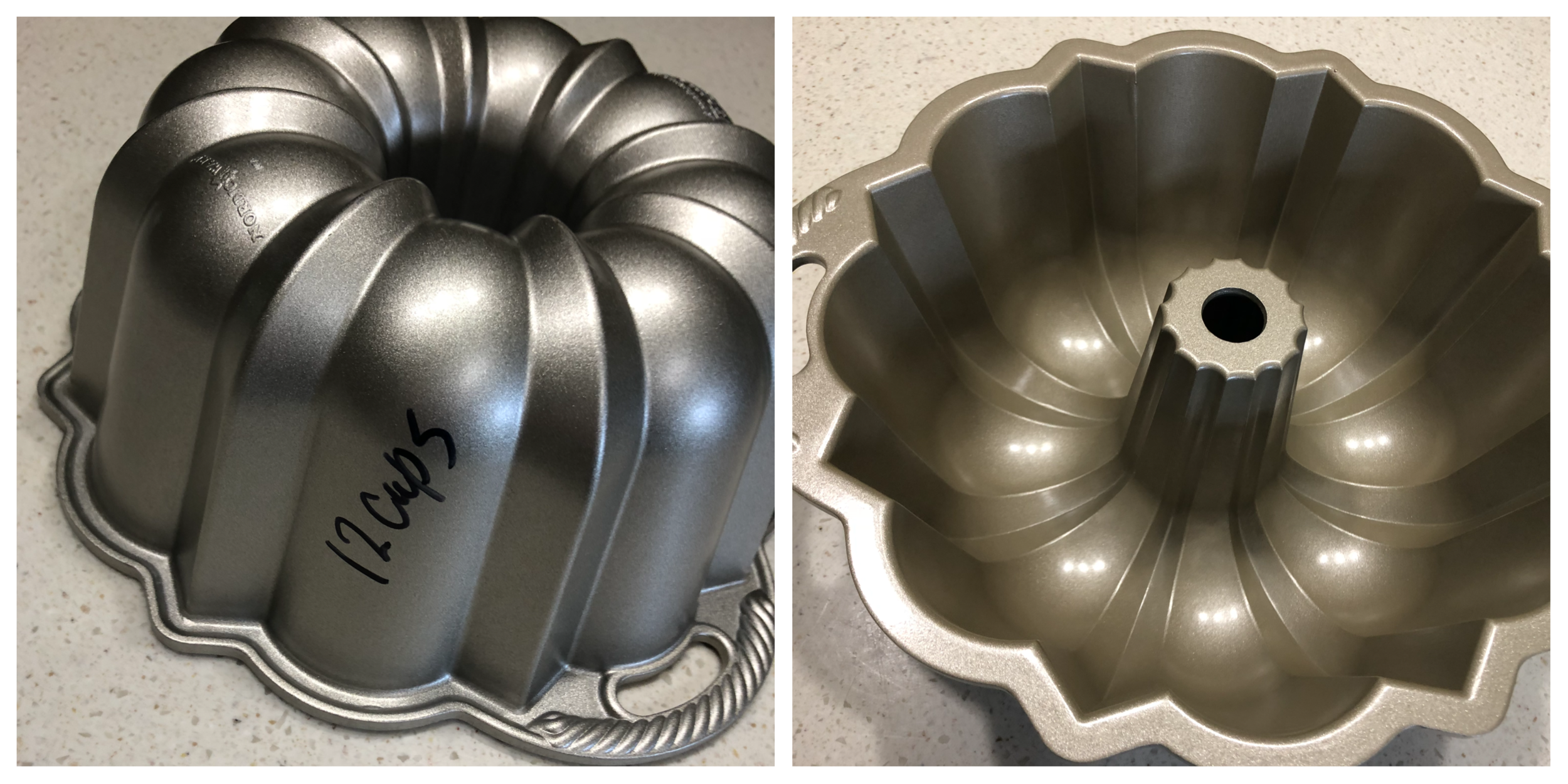 Marked capacity for future reference. To determine the bakeable capacity of your pan, full the pan with water to 1 1/4 inches below the rim. Measure the water, that's its bakeable capacity. 
