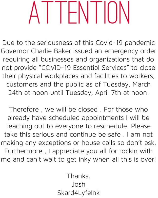 😭😭😭 it&rsquo;s going to be a long two weeks ! I will be rescheduling all appointments that have been made from now through April 7th. #Skard4LyfeInk #letsgetinky