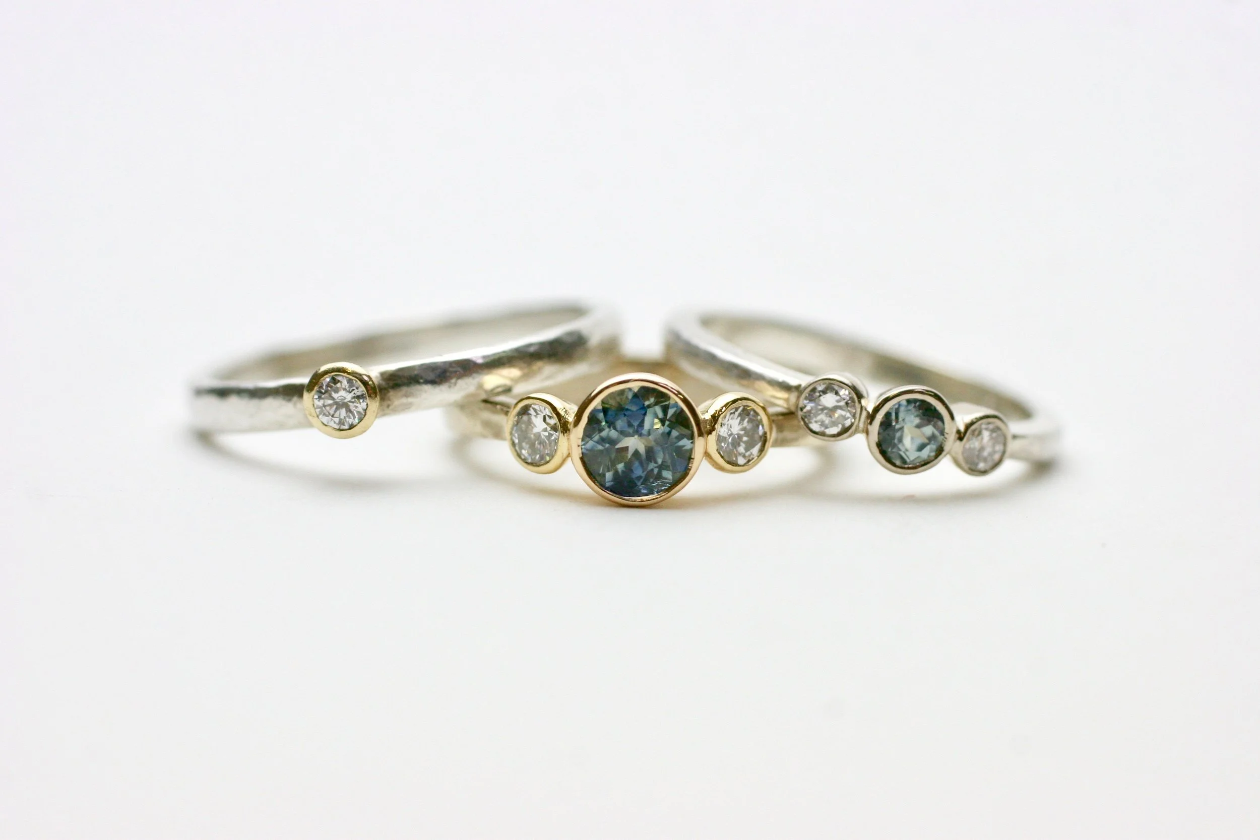 Ethical teal malawi sapphire and diamond engagement ring by Glasswing Jewellery