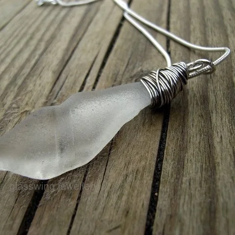One of a kind white sea glass flute pendant