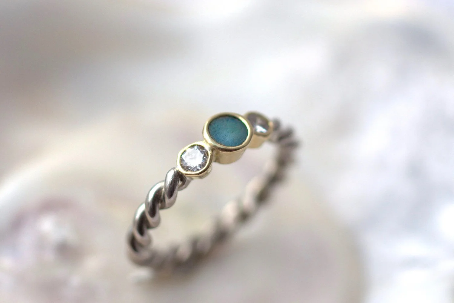 Tressa ring with deep aqua sea glass, 18ct mixed golds
