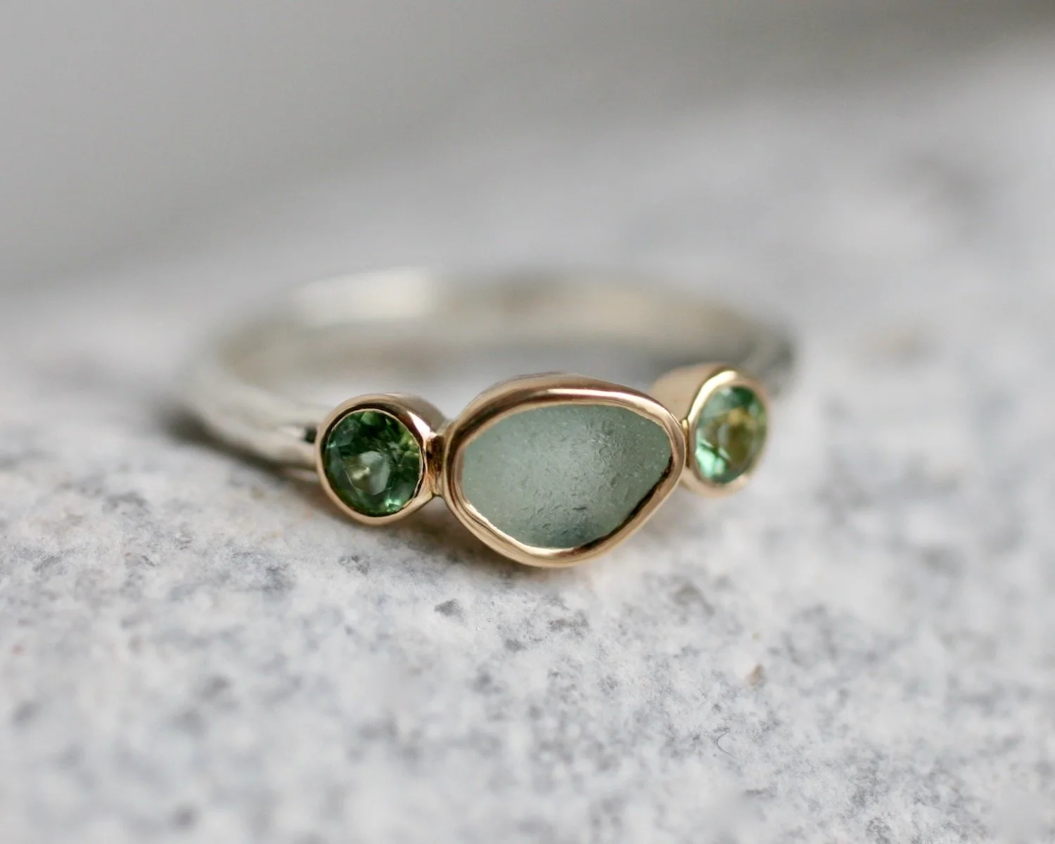 Thea sea glass & green sapphire ring