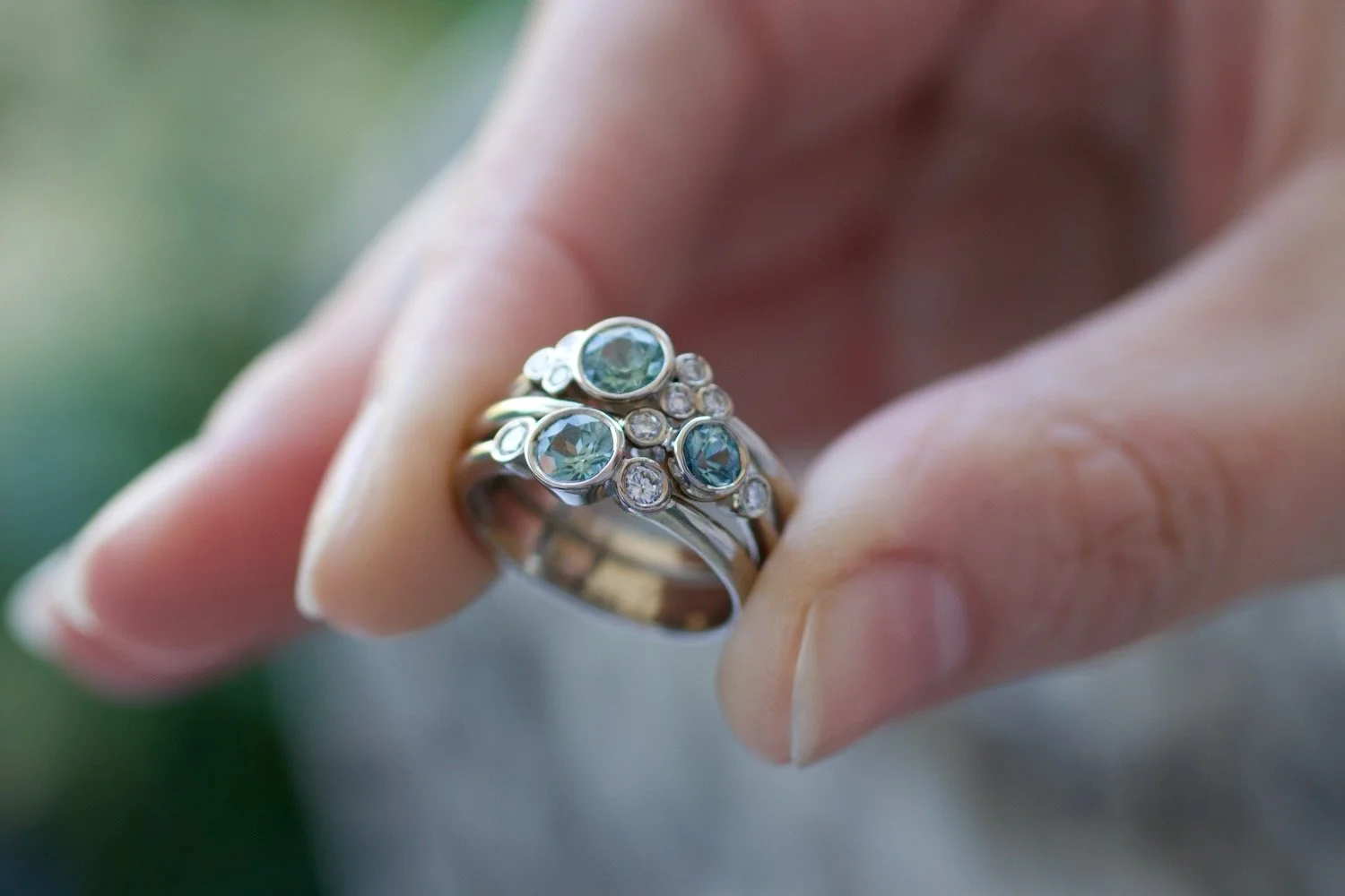 Engagement rings with scattered ethical gems