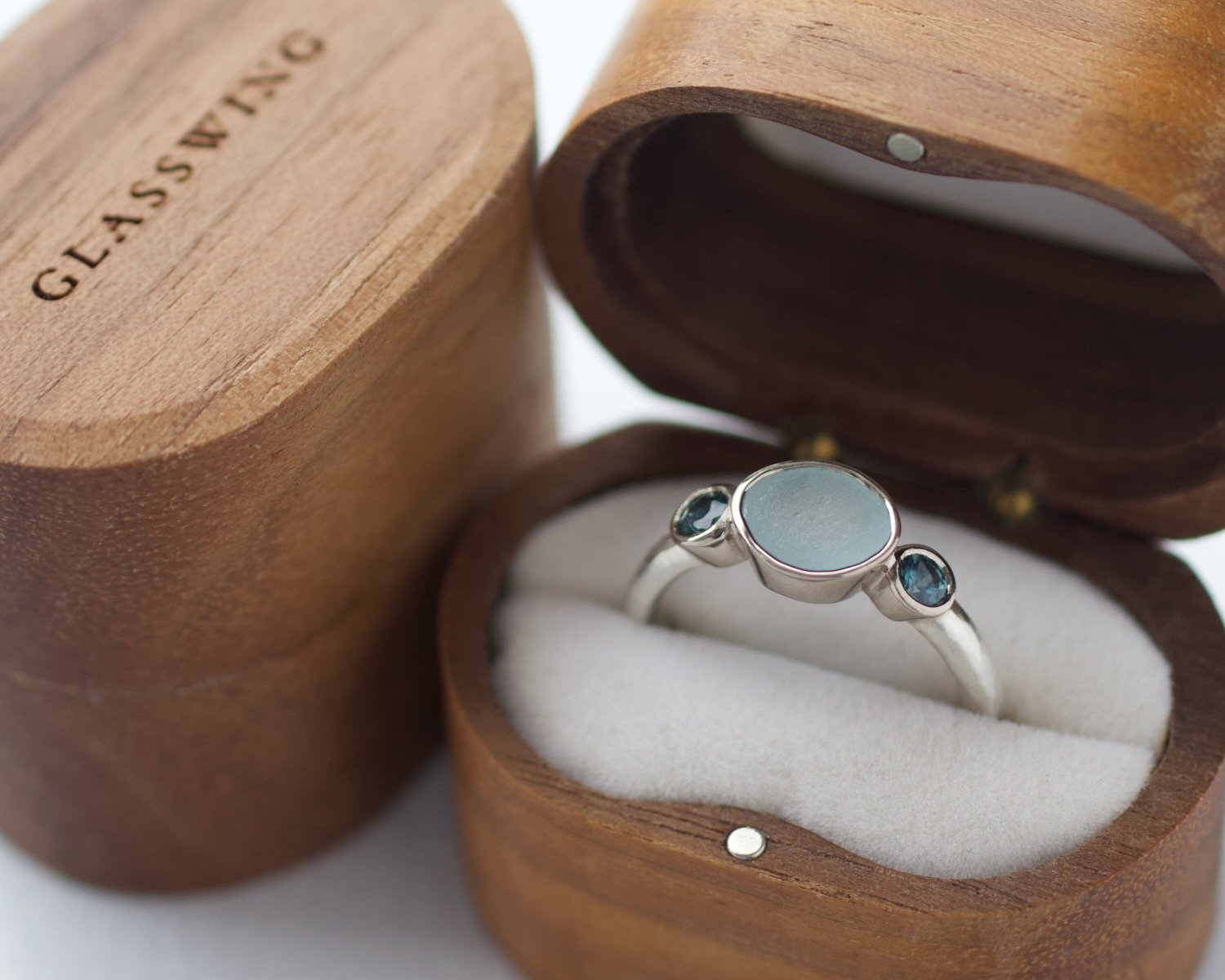 Ia Sea Glass and Sapphire Ring in Ring Box Glasswing Jewellery.jpeg
