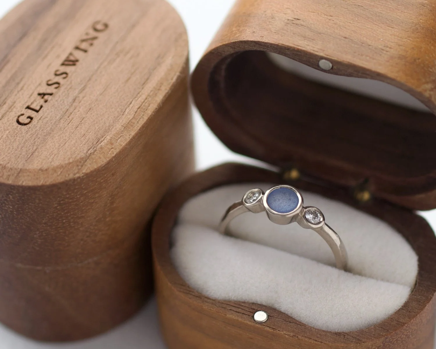 14ct white gold Morwenna Ring with Blue Sea Glass