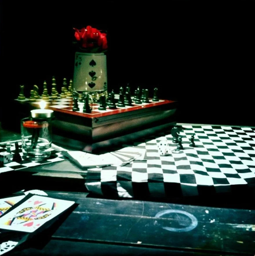 Submerged Playing Cards, Floating Red Roses, Chess Board