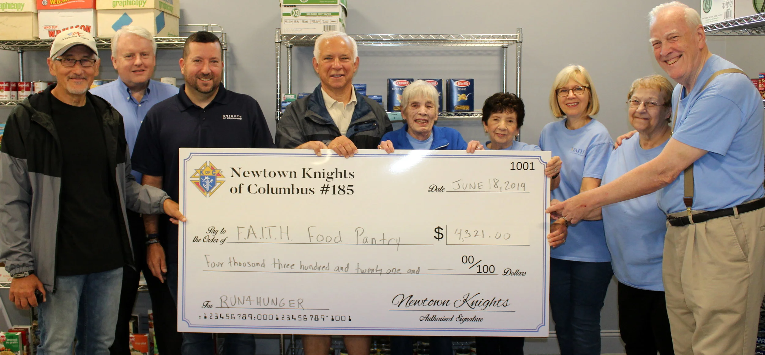 The Newtown Knights were able to officially present a check to the FAITH Food Pantry with all of the funds raised from the Run4Hunger-Newtown 5k race. We also were able to donate over 1,300 canned goods. Thank you to all those who participated and donated. We would not be able to do what we do without your help and generosity. Also, a special thank you to The Newtown Bee for the well-written article: click here