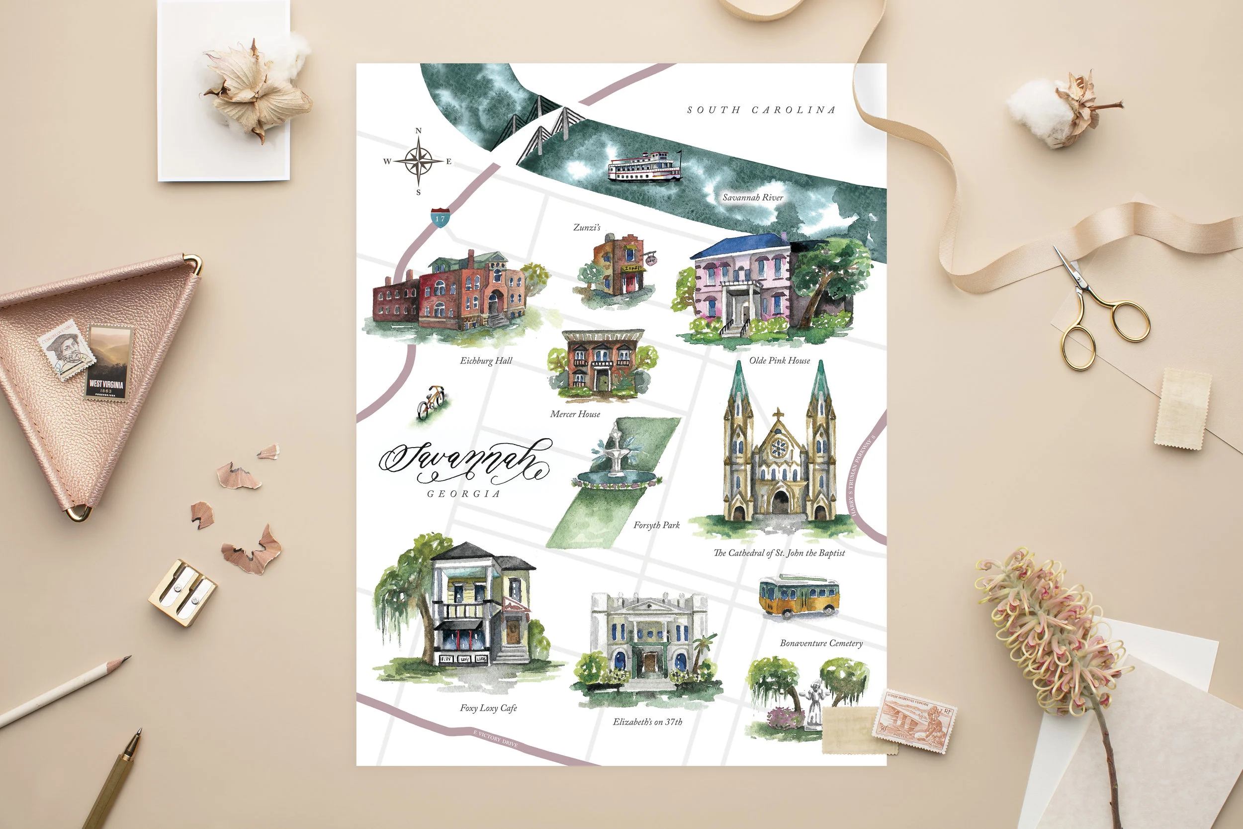 Savannah Watercolor Map