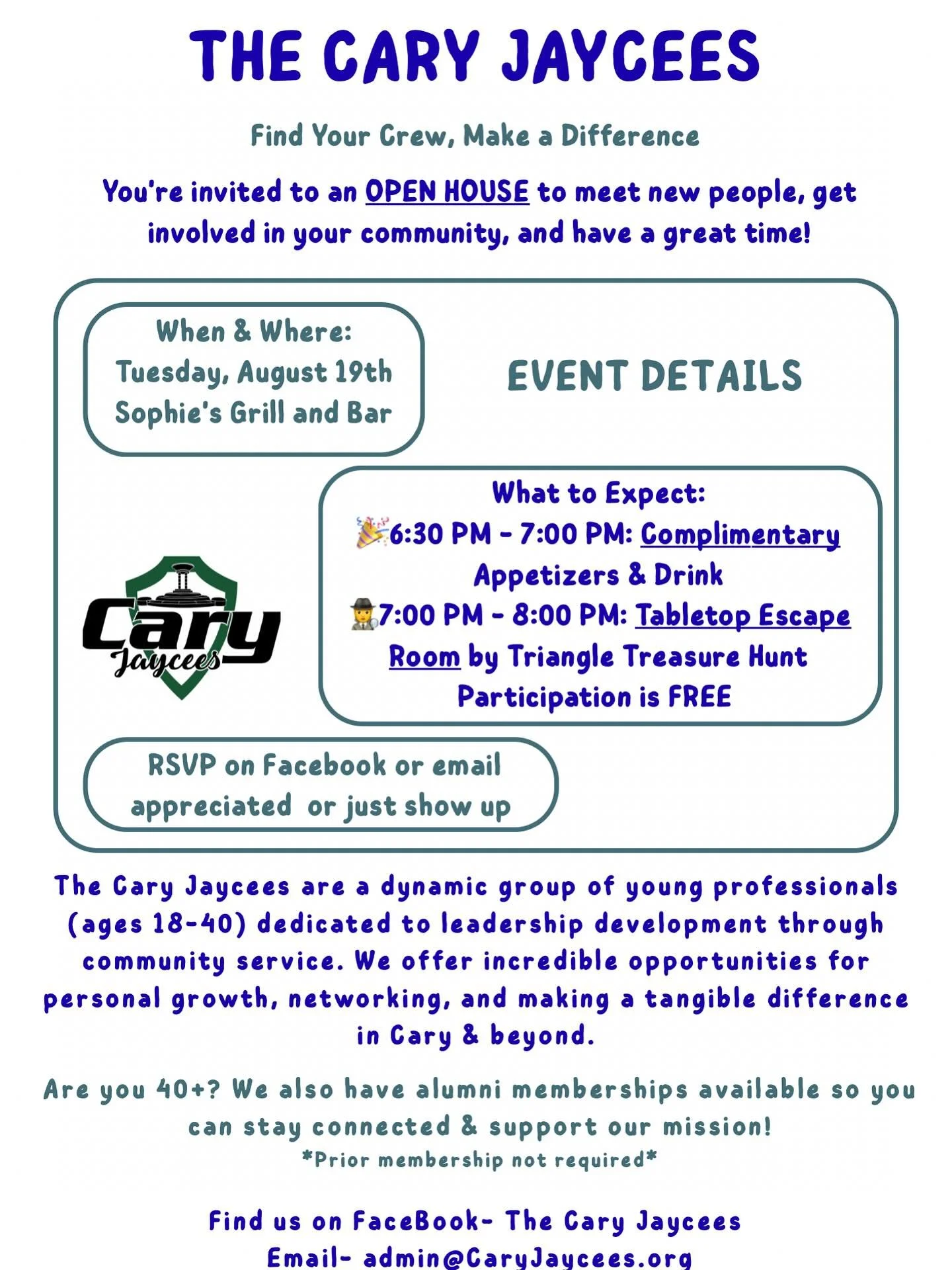 Find Your Crew, Make a Difference!
You&rsquo;re invited to an Open House for the Cary Jaycees!

Looking to connect with like-minded individuals, make new friends, give back to your community, or even get involved on a national or international level?