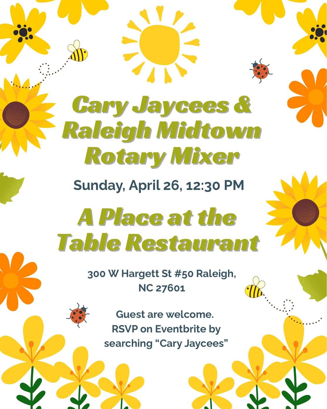 Will we see you Sunday? Sign up at the link below 

https://www.eventbrite.com/e/a-place-at-the-table-cary-jaycee-raleigh-midtown-rotary-meetup-tickets-1988110374649?aff=oddtdtcreator