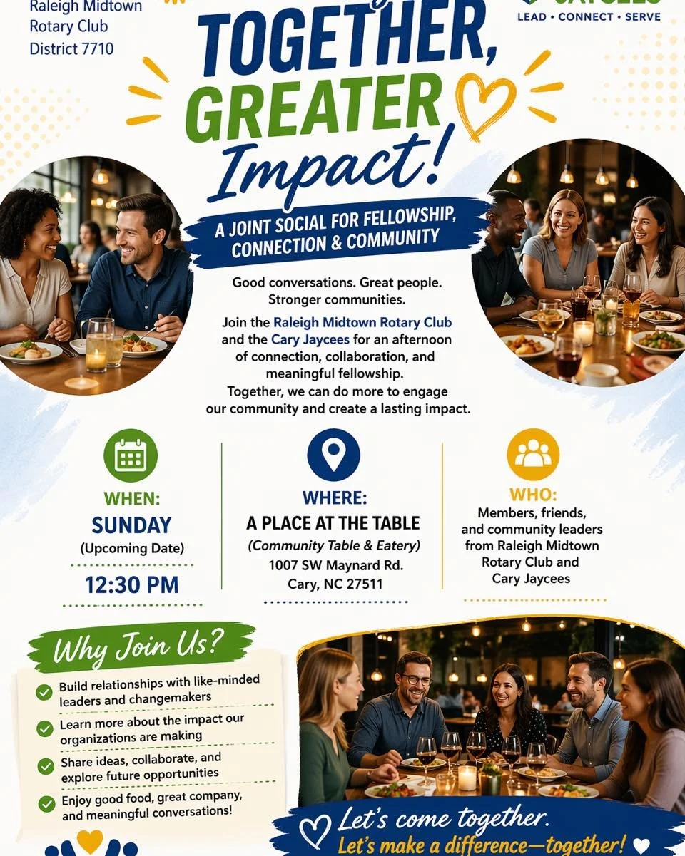 Will we see you tomorrow? Sign up at the link below 

https://www.eventbrite.com/e/a-place-at-the-table-cary-jaycee-raleigh-midtown-rotary-meetup-tickets-1988110374649?aff=oddtdtcreator

#community #fellowship #CaryJaycees  #RaleighMidtownRotary #bet