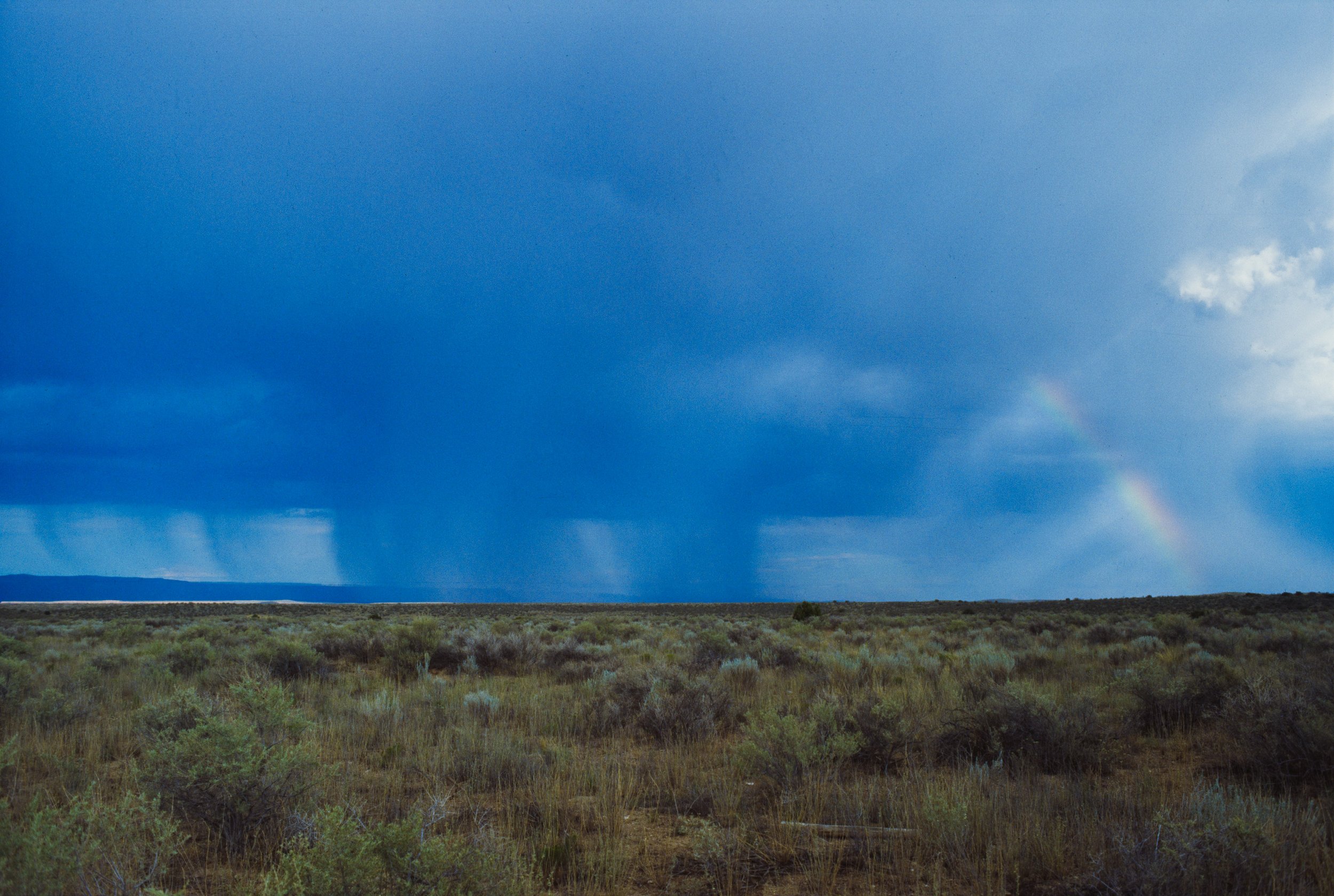 Heavy rain falling from dark storm clouds over a flat desert landscape in Arizona